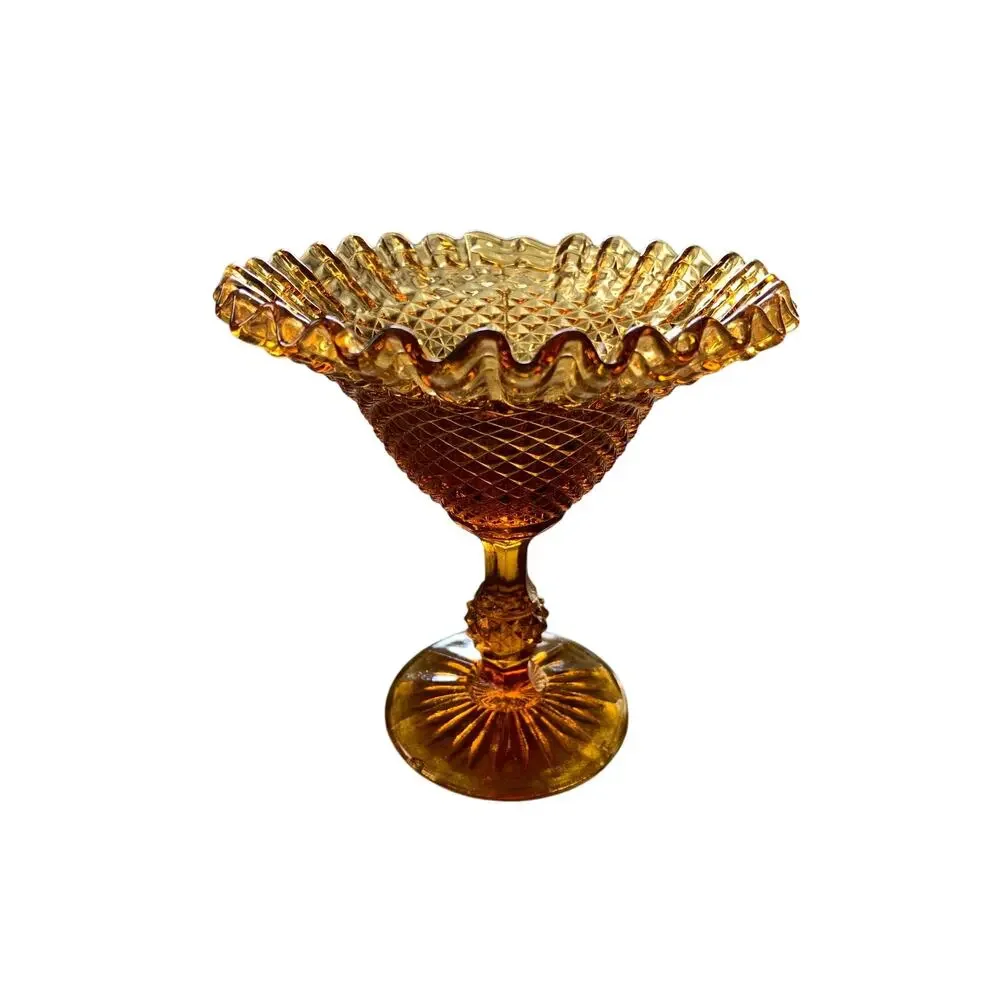 Vintage Amber Glass Ruffle Diamond Pattern Compote Stemmed Candy Dish